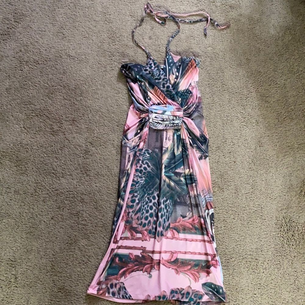 Pink Tropical Print Halter Maxi Dress